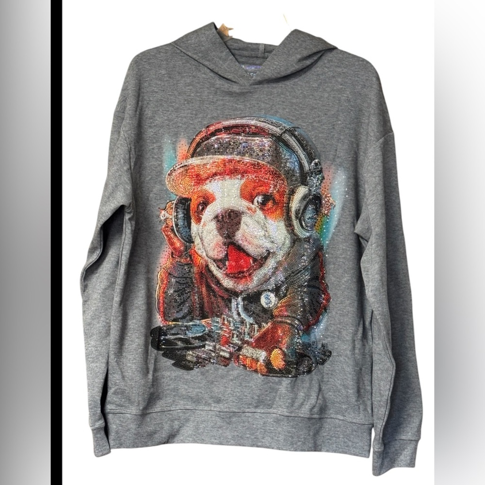 NWOT Heads or Tails Men's Bling Rhinestone Bulldog Midweight Hoodie